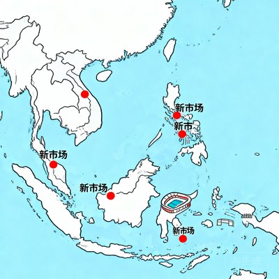 东南亚地图上标注着多个体育场馆位置，象征业务拓展至新市场