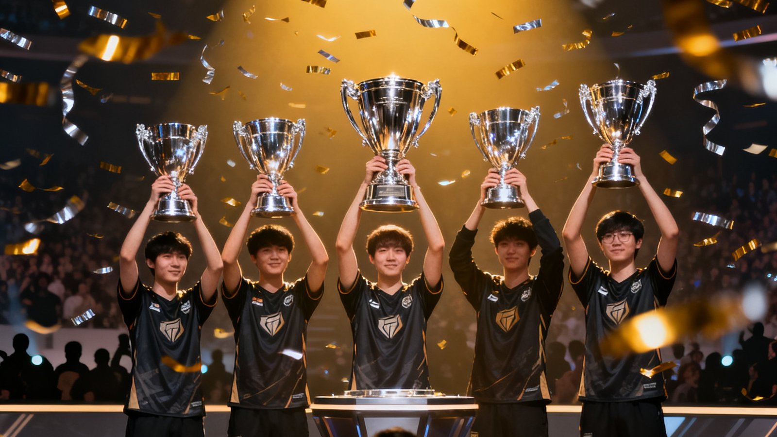 五名电竞选手在灯光璀璨的舞台上高举银质冠军奖杯，彩带从天而降